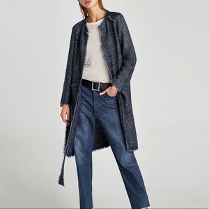 ZARA Navy Blue/Silver Metallic Weave Wrap Coat S